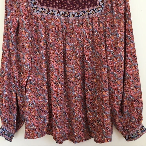Gap Boho Burgundy paisley top long sleeve crew neck Relaxed Fit blouse - Picture 7 of 16